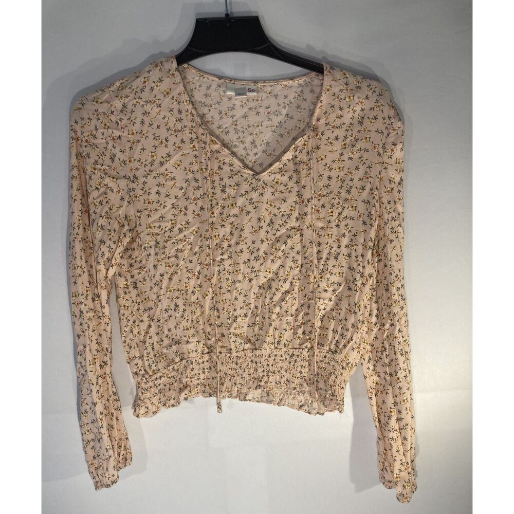 SO Floral Ditsy Long Sleeve Crop Top V-Neck Smocked Waist Pink Small